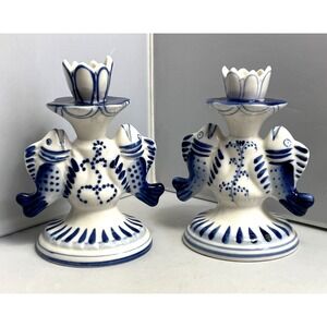Gzhel Porcelain Russian Candlestick Hand Painted Blue & White Fish Theme Vintage